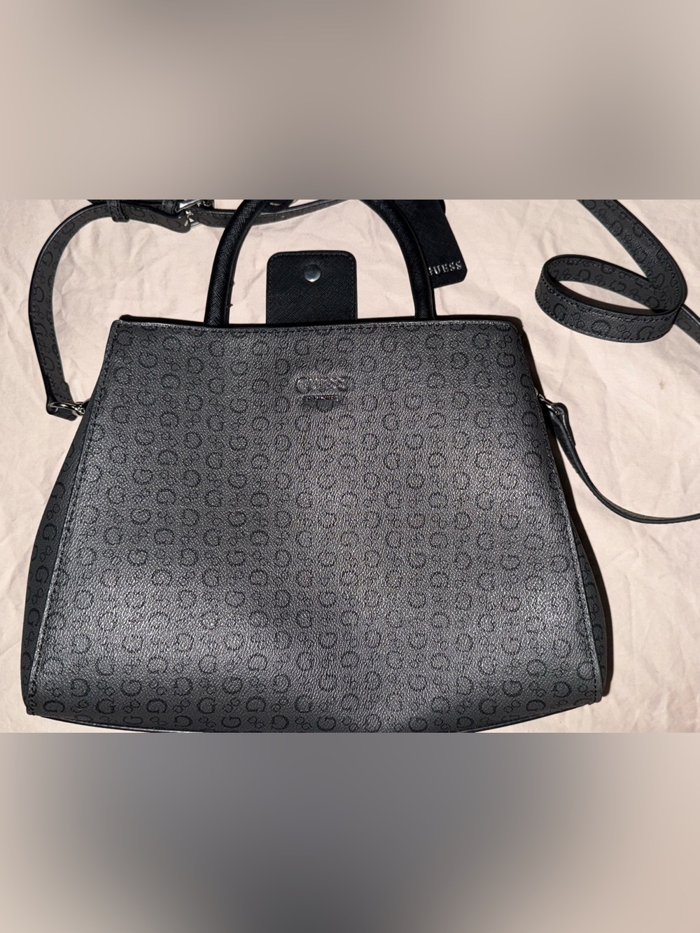 GUESS Shawna Monogram Structured Satchel Tote Shoulder Bag Black Grey NWOT